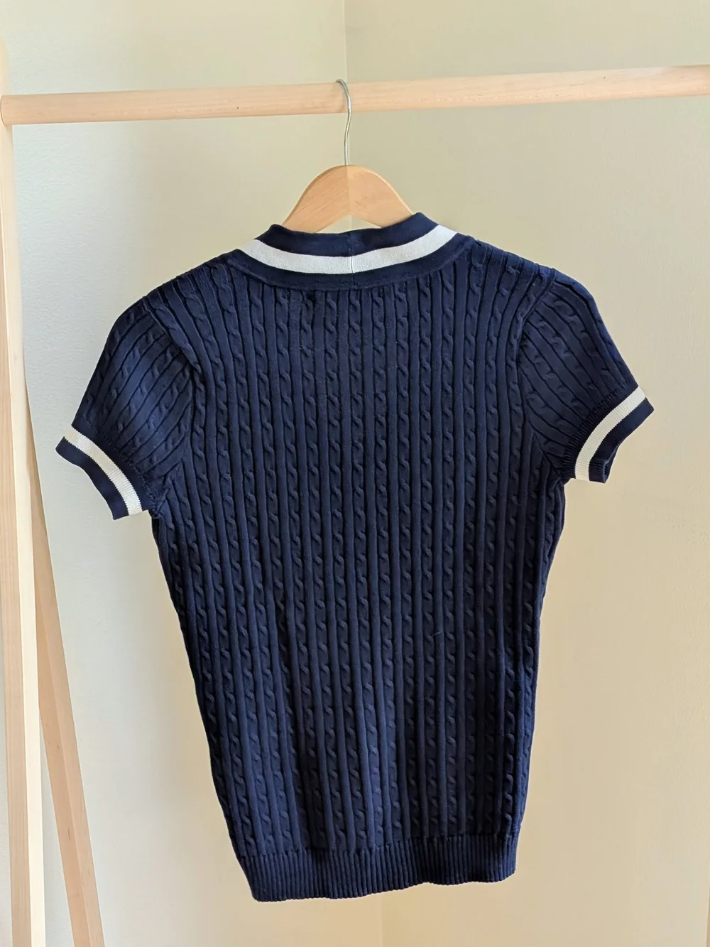 ✨SOLD✨ Vintage Ralph Lauren Varsity Striped Cable Knit V-neck Polo Tee In Navy - Picture 5 of 5